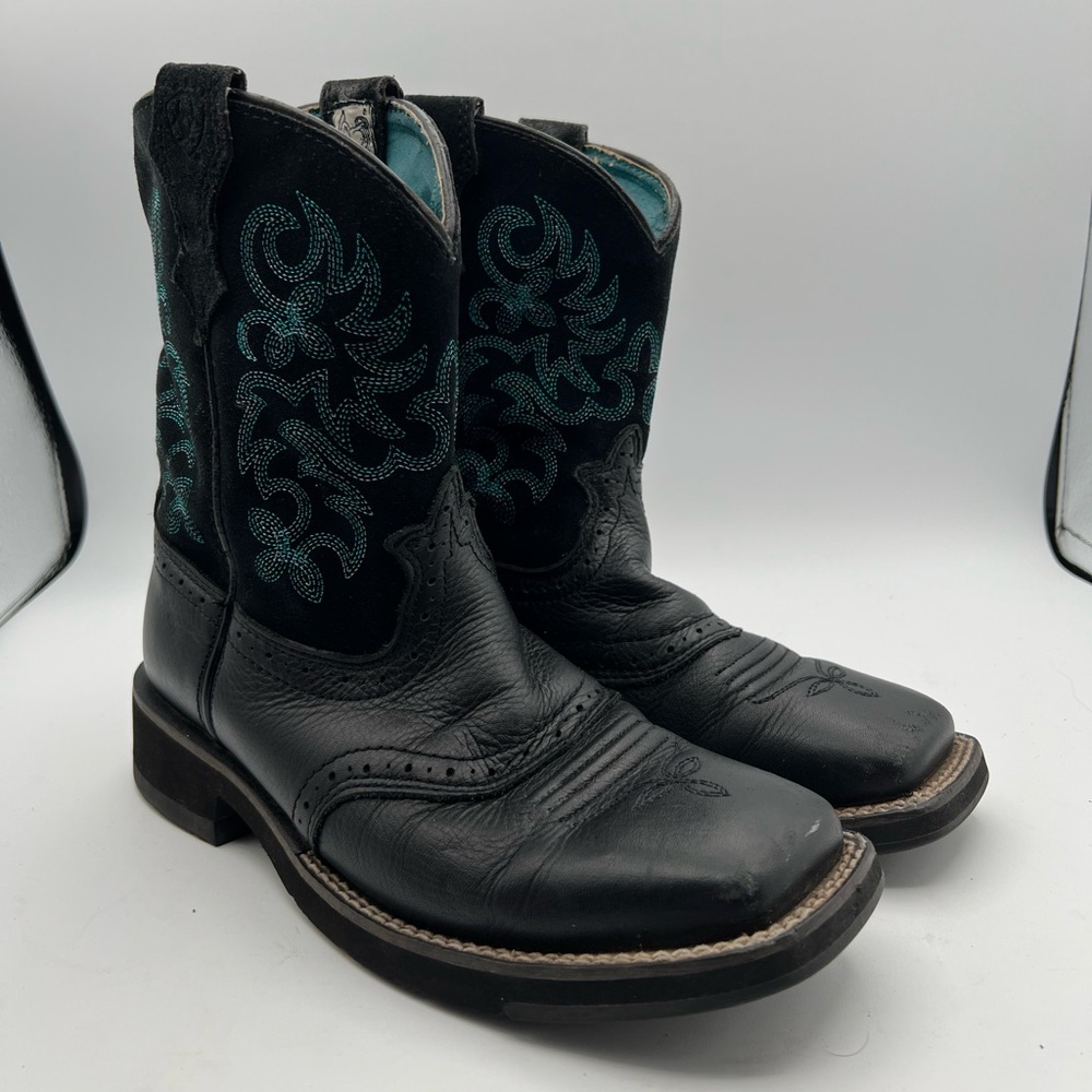 Ariat Fatbaby Black Leather w/ Turquoise Western Mid-Calf Cowgirl Boots Youth 6